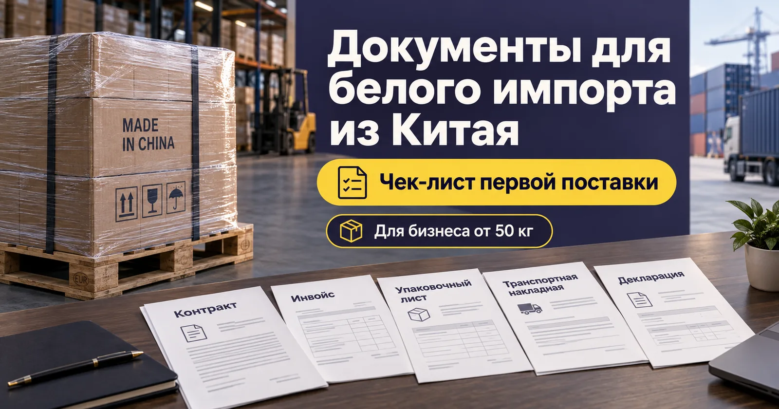 Документы для белого импорта из Китая: контракт, инвойс, упаковочный лист и транспортные документы рядом с коммерческой партией.