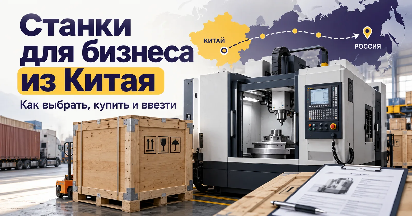 Станок с ЧПУ, грузовой ящик и схема маршрута доставки оборудования из Китая в Россию.