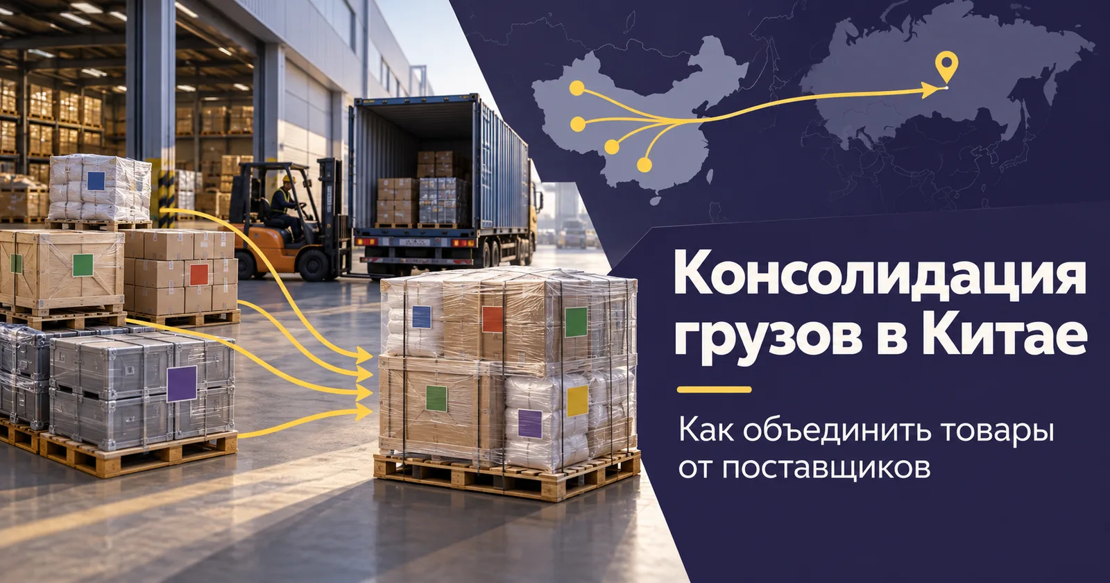 Склад в Китае с промаркированными грузовыми местами от нескольких поставщиков, объединёнными в одну отправку