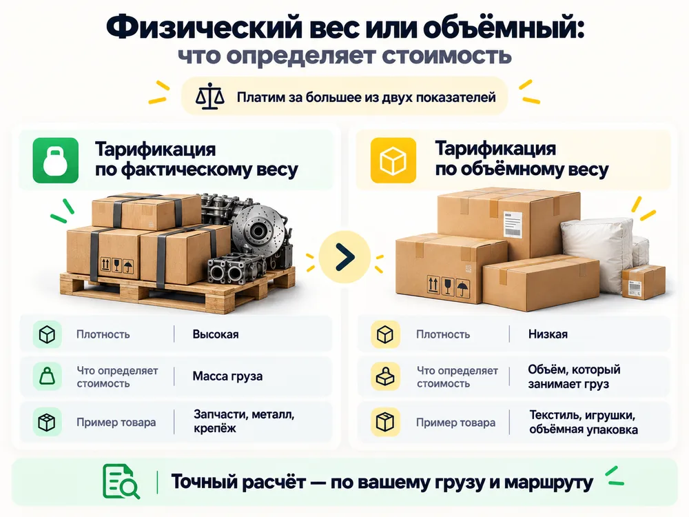 Сравнение тарификации по фактическому и по объёмному весу груза для разных типов товаров