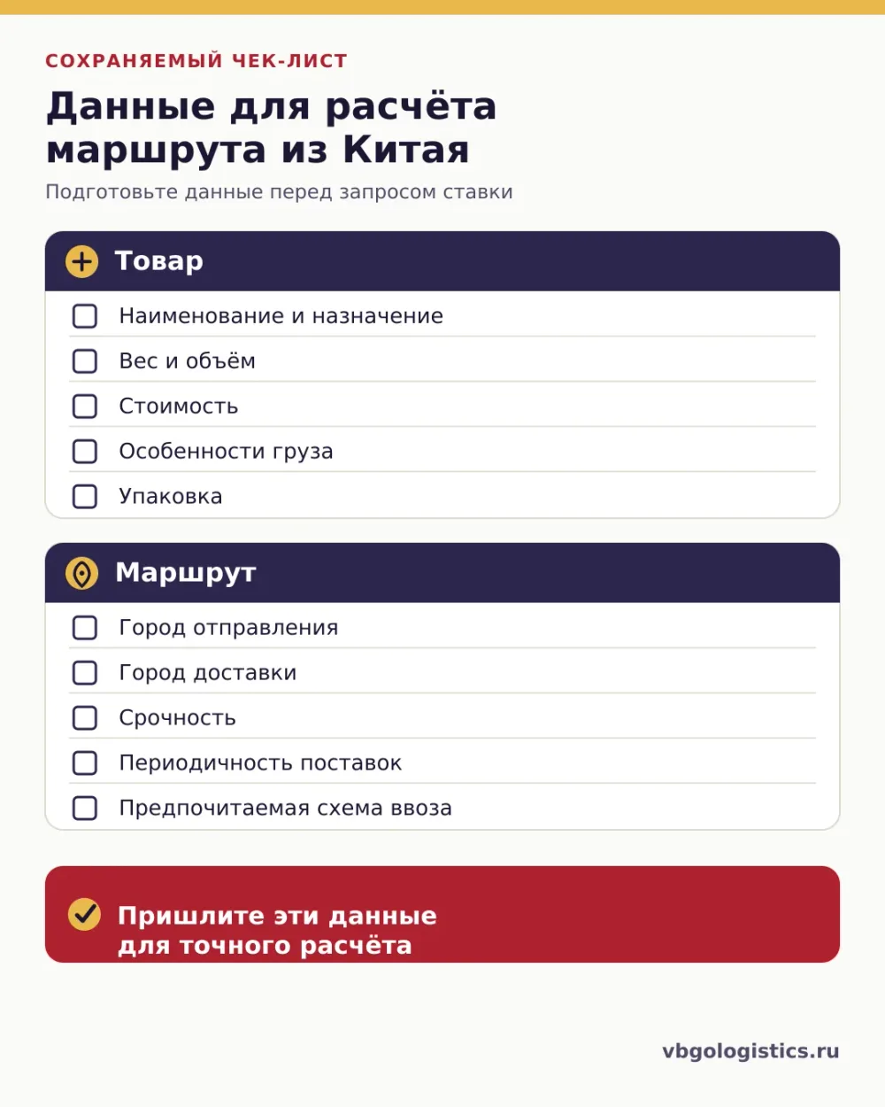 Чек-лист данных о товаре и маршруте для расчёта доставки из Китая: вес, объём, город отправления и назначения, срочность.