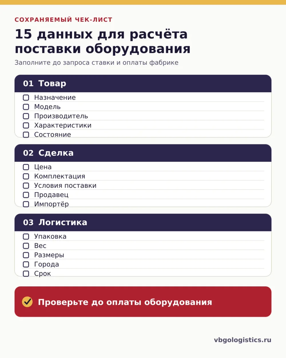 Чек-лист из пятнадцати данных для расчёта импорта и доставки производственного оборудования из Китая