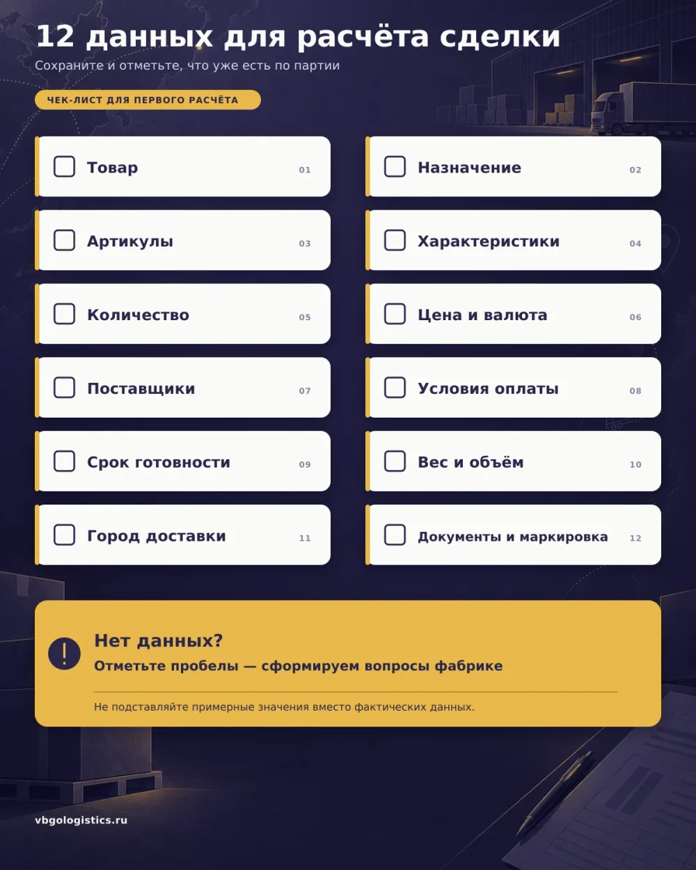 Чек-лист данных для расчёта выкупа товара через торговый дом в Китае