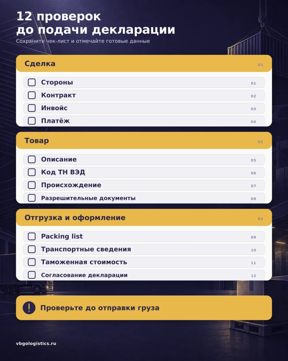Чек-лист из двенадцати проверок импортёра перед подачей декларации на товары.