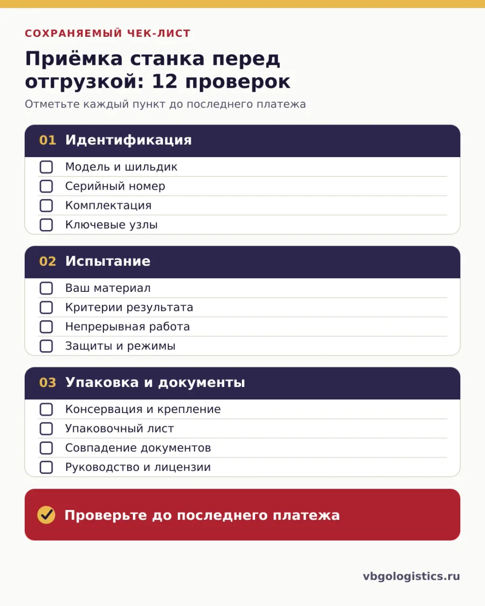 Чек-лист из двенадцати проверок станка перед отгрузкой из Китая: идентификация, испытание, упаковка и документы