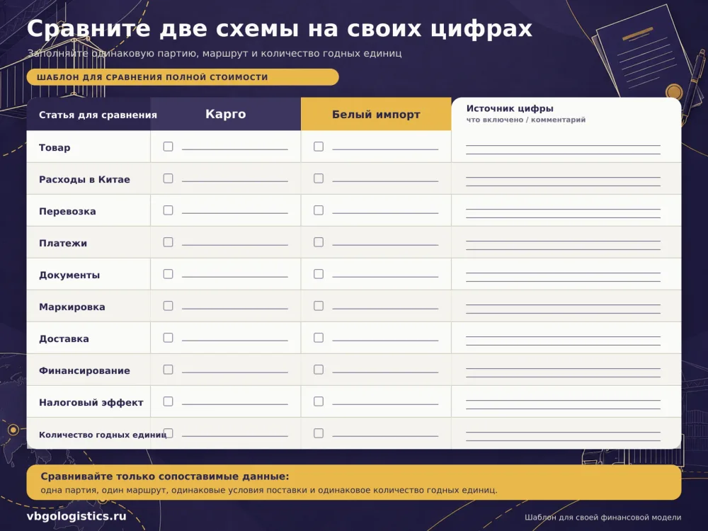 Чек-лист сравнения стоимости карго и белого импорта из Китая по одинаковым расходам