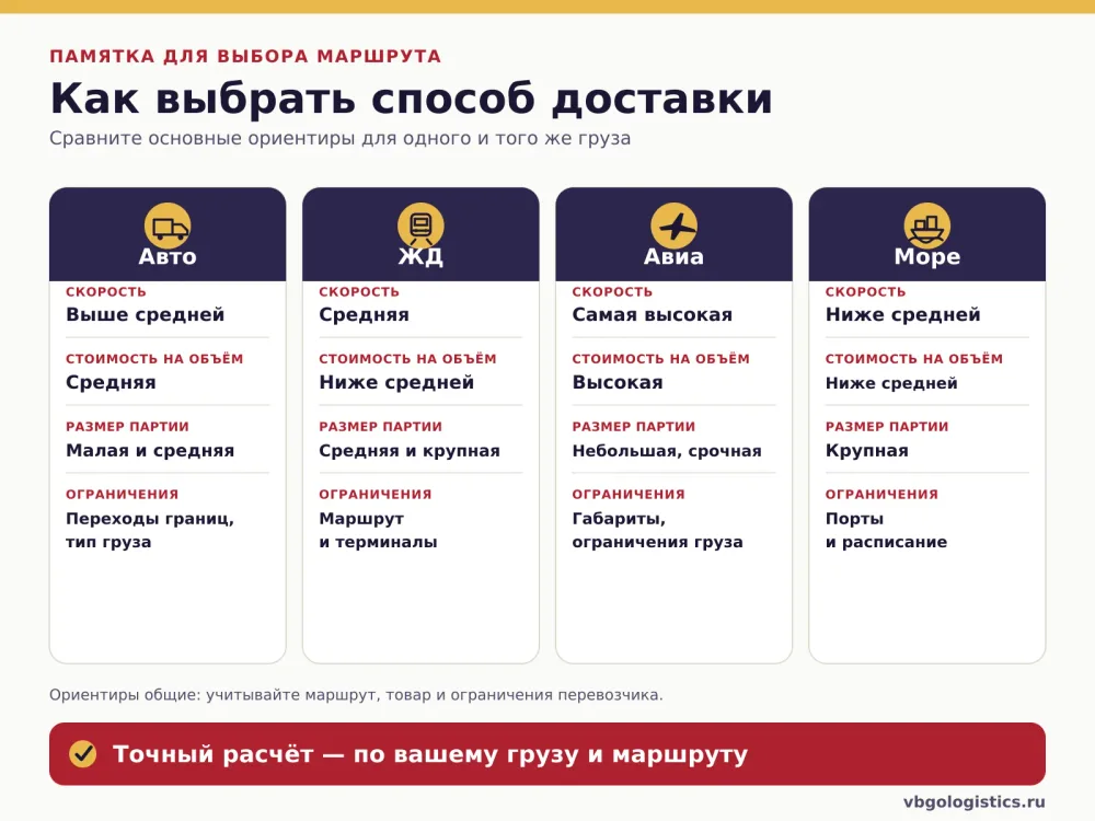 Сравнение автомобильной, железнодорожной, авиационной и морской доставки по скорости, стоимости, размеру партии и ограничениям.