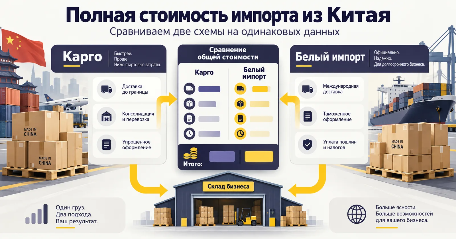 Сравнение полной стоимости карго и белого импорта из Китая до склада бизнеса