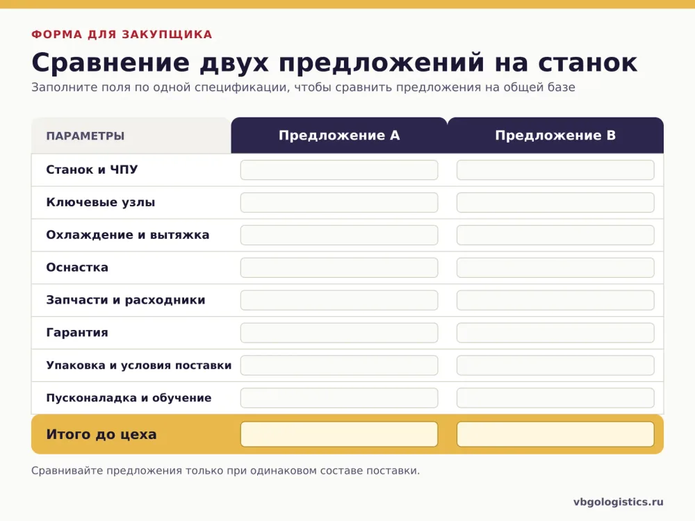 Таблица для сравнения двух предложений на станок: комплектация, узлы, охлаждение, оснастка, гарантия, упаковка и итоговая стоимость до цеха.