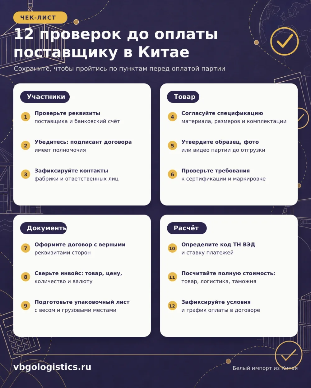 Чек-лист из двенадцати проверок до оплаты поставщику при подготовке белого импорта из Китая.