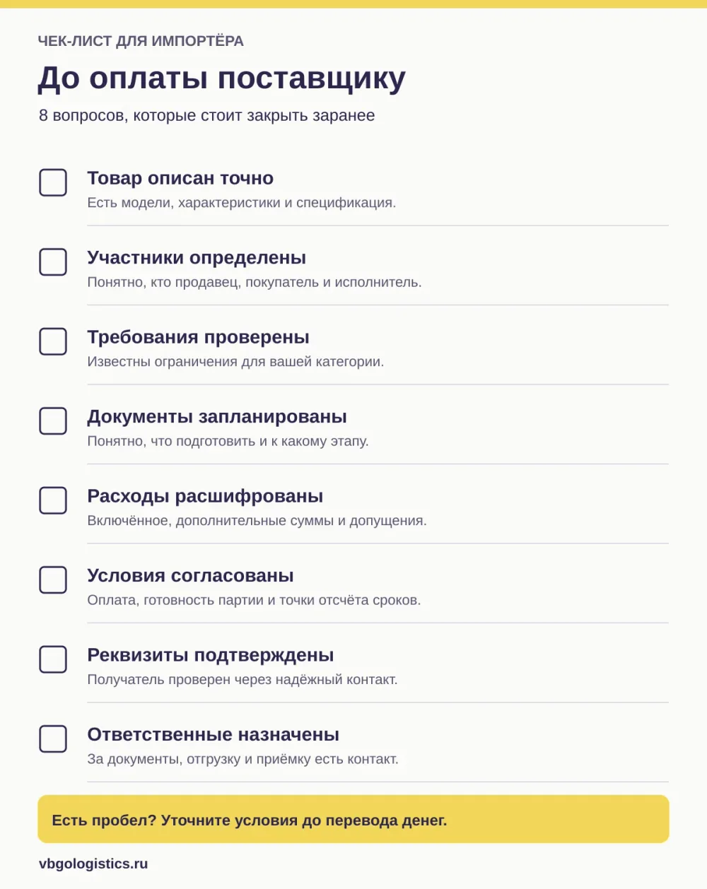 Чек-лист перед оплатой поставщику: товар, стороны сделки, требования, документы, расчёт, сроки, реквизиты и ответственные